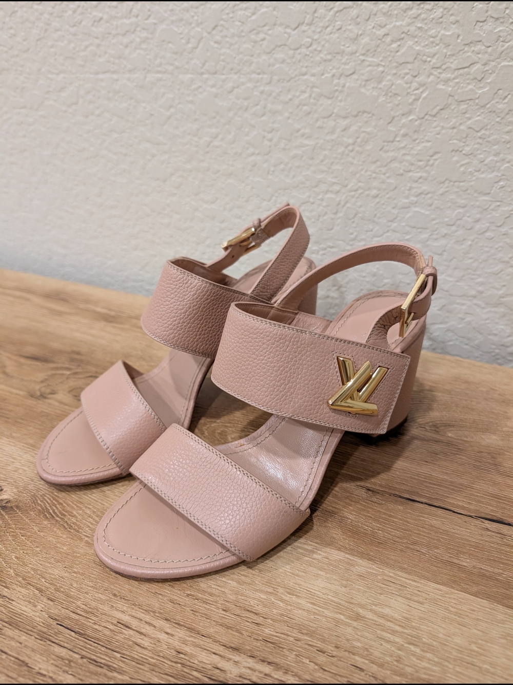 Louis Vuitton Pink Leather Block Heel Sandals with Gold LV Accent